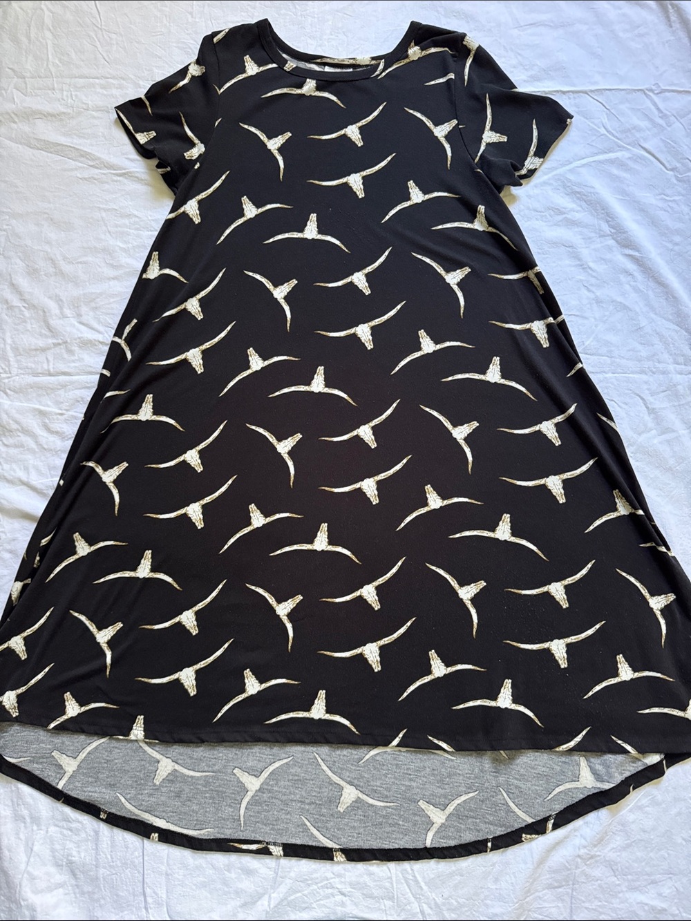 LuLaRoe Black High-Low Dress with Cream Bird Motif